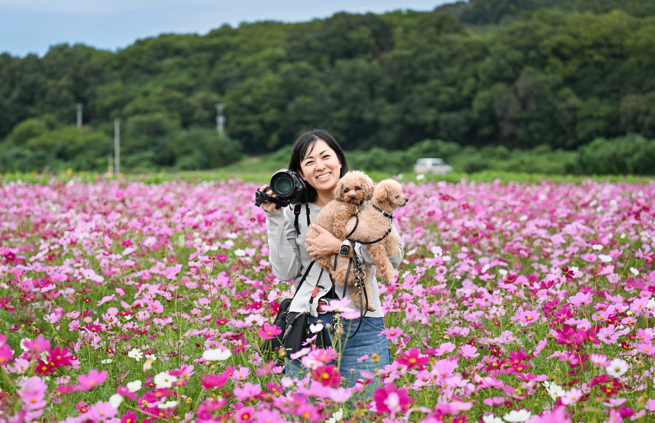 花畑 カメラマン 女性 犬